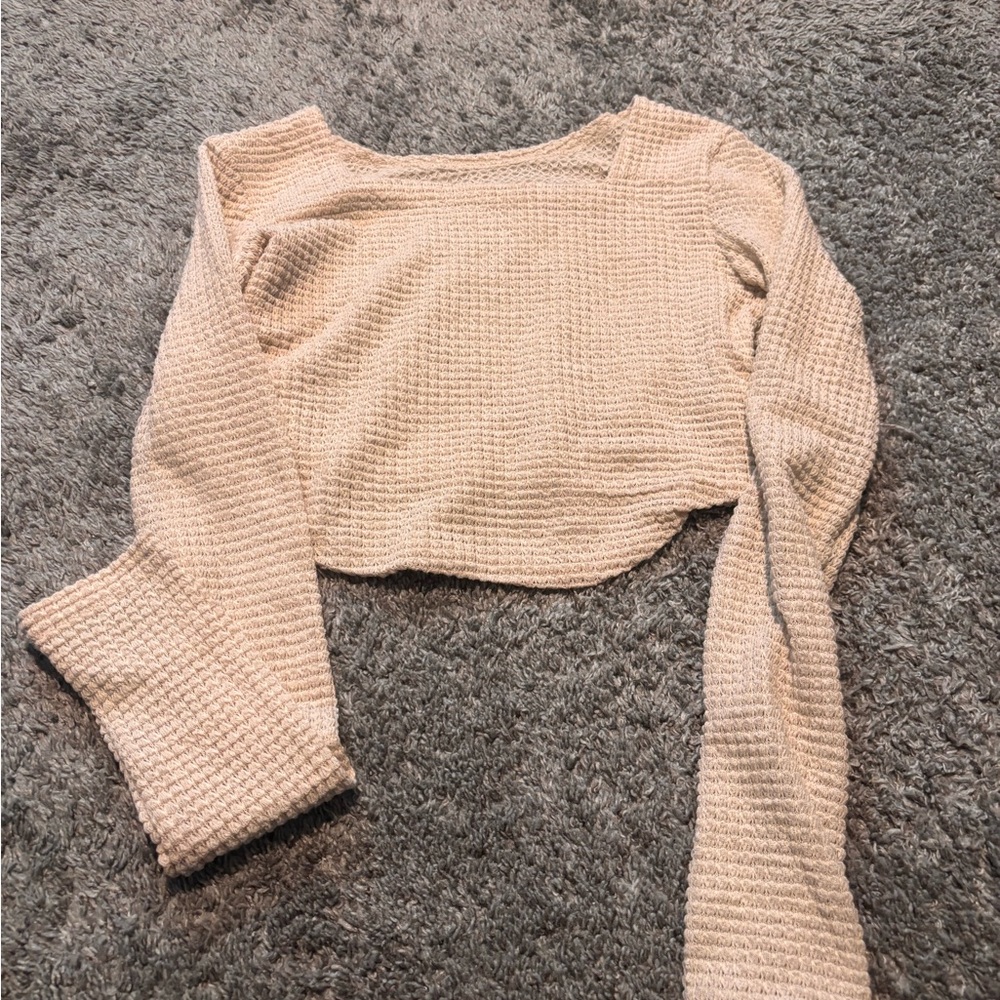 Beige Textured Long Sleeve Crop Top